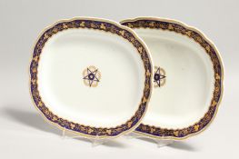 A PAIR OF OVAL PORCELAIN DISHES, white ground with blue and gilt grape and vine border. 12.5ins