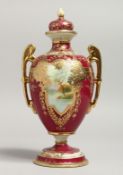 A NORITAKE TWO HANDLED URN SHAPED VASE AND COVER painted with reverse scenes of a lakeland