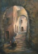 Margarette Clairmont 20th Century, Mother and child walking in a walled city, pastel, signed, 16