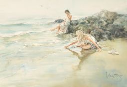 Gordon King (b.1939) 'Sea of dreams', two girls on the shore, watercolour, signed, 20
