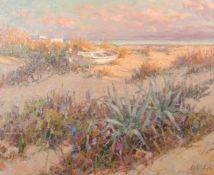 Ricardo Cejudo Nogales (b.1952) Spanish, 'La Barca Blanca', a rowing boat on a sand dune at dusk,