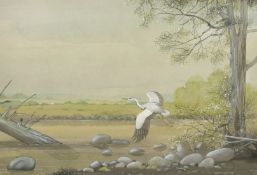 Bryan Conway (20th Century) British, 'The River Bank', a heron in full flight, watercolour,