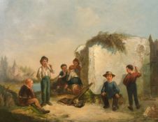 Jean-Charles Langlois (1789-1870) French, a group of children playing with village buildings beyond,