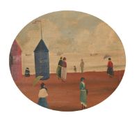 Early 20th Century, French beach scene with figures, oil on canvas laid down, oval 12