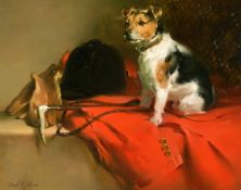 Joseph H. Sulkowski (Born 1951) Jack Russell with a pink coat, riding crop, gloves and hat, oil on