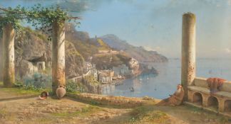 An Italian coastal scene with a monk reading and sailing boats in a harbour and out to sea,