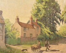 Will Cross, British, 'Black Bess and Smokey Joe', Figures and dog on a lane outside a house, oil