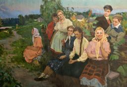 20th Century Russian School, farmworkers resting in a field at dusk, oil on canvas, 46