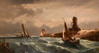 Andre Foneche (1851-1942) French, Busy shipping scenes off the Dutch coast in choppy seas, oils on