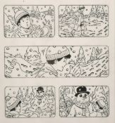 Tim Marwood (1954-2008) British, 'Thomas' No 183 'Snow Surprise', pen drawings, A group of 5 framed,