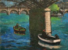 Dennis Gilbert, (20th Century), Fishing under the bridge, oil on board, signed, 12