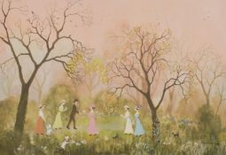 After Helen Bradley, Figures and flowers in a garden, colour print, 14