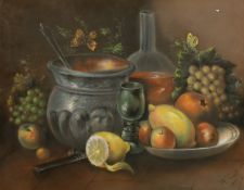 19th Century School, A still life study of mixed objects including fruit and butterflies, pastel,