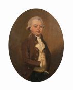 18th Century English School, a half-length portrait of a gentleman, oil on oak panel, oval, 10.75
