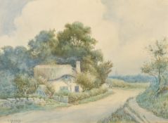 L. Headley, 19th Century English School, a thatched cottage by a country path, watercolour,