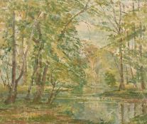 Phillip Connard (1875-1958) 'Reflections' A view of trees along the river, oil on board, 14