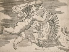 After Raphael, Cupid and the Dragon, an old master engraving, along with another similar, 5