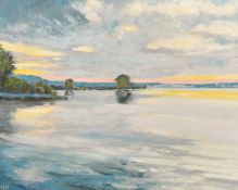 20th Century School, sunset over a lake, oil on canvas, signed H.W., 18