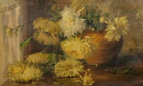 Early 20th Century Continental School, a still life study of chrysanthemums in a terracotta bowl,