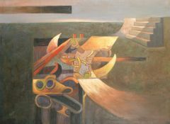 David (20/21st Century) A colourful abstract with steps, oil on canvas, signed, 34.25