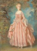 19th Century French School, a pastel portrait of an elegant lady in a formal garden, indistinctly