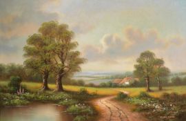 David Ronald (20th Century), a country path bordered by flowers leading to a cottage, oil on canvas,