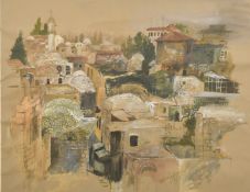 20th Century School, circa 1978, A view of rooftops in an Eastern city, watercolour, indistinctly