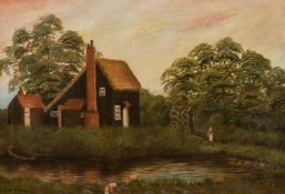 H. Race, Circa 1923, a view of female figures by a cottage, oil on canvas, signed and dated, 14