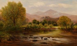 J. Atkinson, 'The pool on the Llugwy, north Wales', Fisherman in the river, oil on canvas, signed,