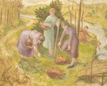 Circle of Reginald Brill, Women gathering wood along the river, oil on paper, inscribed 26th Sept,