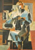 Mid-20th Century Continental School, a cubist portrait of a figure knitting, oil on board,