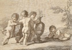 A Bartolozzi print of cherubs in a landscape, 10