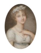 19th Century English School, a miniature portrait of a young lady holding her necklace, watercolour,
