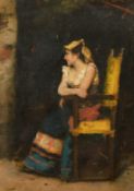 Continental School, 19th Century, A lady in traditional dress seated in an interior, oil on