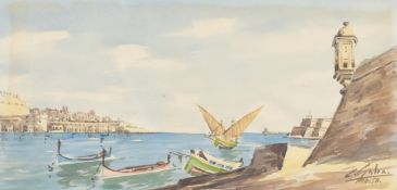 Carmelo Galea, circa 1950, 'Valetta from Senglea Point, Malta', watercolour, signed, 6