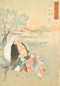 Japanese School, 19th Century, Buddha and children, colour woodblock, signed and sealed and with ink
