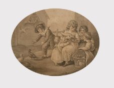 Two 19th Century, coloured engravings, A classical lady with putto and children with birds in
