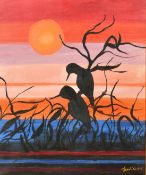 Janet Kidd, British, Birds on a tree by water with the setting sun, oil on canvas, signed, 24