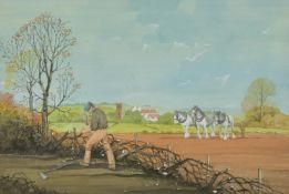 Bryan Conway (20th Century) British, 'Autumn Fieldwork', workers and horses in a field with a church