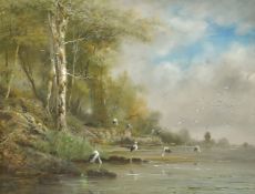 Henri Langerock (1830-1915) Belgian, wading birds at the water's edge with a windmill beyond,