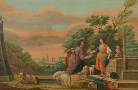 19th Century German School, Figures by a well with a town beyond, oil on panel, 17.5