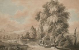 19th Century, Figures and cattle by a watermill in an extensive landscape, watercolour, 10.5
