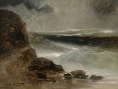 Circa 1910, A rocky grey coastal scene, oil on board, indistinctly signed, 9