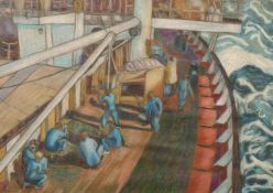 20th Century School, Scene of crew at work on a large vessel, pastel, indistinctly signed, 11.5