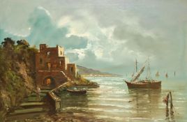 Antonio De Vity (1901-1993) Italian, A Mediterranean scene with boats, oil on canvas, label and