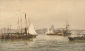 Thomas Bush Hardy (1842-1897) British, 'London Bridge, Morning' a view of the Old London Bridge with