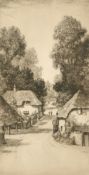 John Fullwood (1854-1931) British, 'The Forge, Cockington', figures on a village road, etching,
