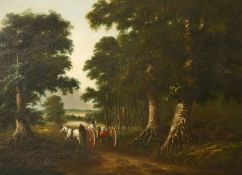 19th Century English School, figures on a cart and horses coming into a clearing, oil on mahogany