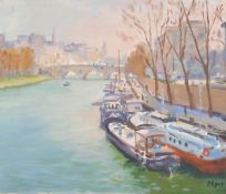 Norman Edgar (b. 1948), A view of boats moored on La Seine, oil on canvas, 10