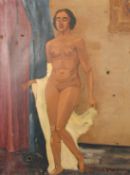 J. Nishikawa, a 20th Century portrait of a standing female nude, oil on canvas, signed, 31.5